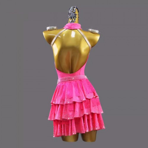 Custom size hot pink fuchsia fringe competition latin dance dresses juvenile stage performance salsa rumba chacha dance costumes for kids 